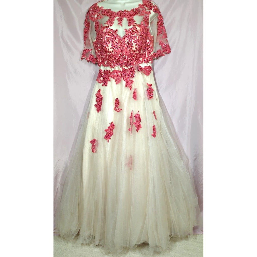 Vtg Retro Pink Beaded Gown SZ L Formal Dress Tulle Lace Sequins 50s Fairy Queen